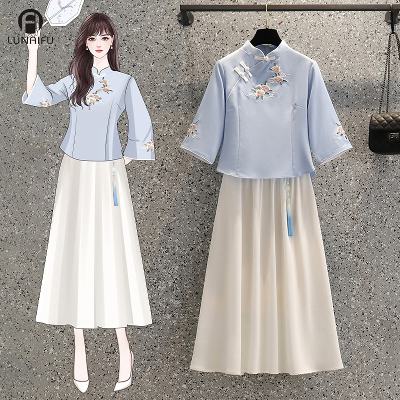 Set, autumn retro cheongsam, Chinese style, long sleeve, plus size Set, autumn retro cheongsam, Chinese style, long sleeve, plus size