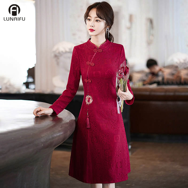 加绒红色旗袍改良版连衣裙喜敬酒服 伦爱弗旗袍