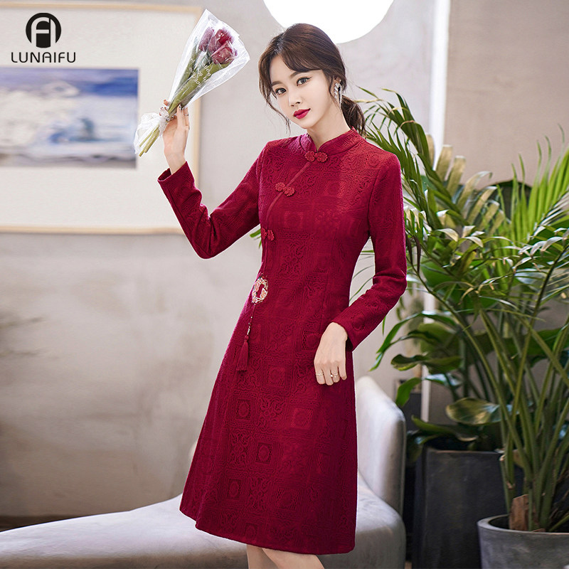 加绒红色旗袍改良版连衣裙喜敬酒服 伦爱弗旗袍