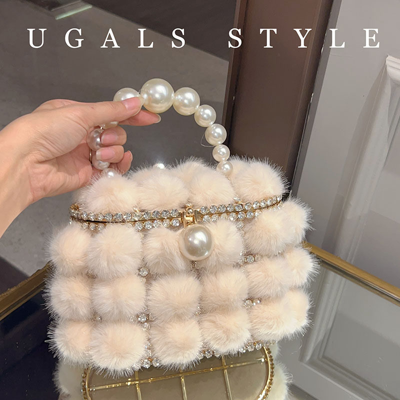 UGALS秋冬毛茸水貂毛绒金属菜篮子水桶宴会鸟笼水钻手拿斜挎包,淘宝优惠券,粉丝福利购,淘宝优惠卷