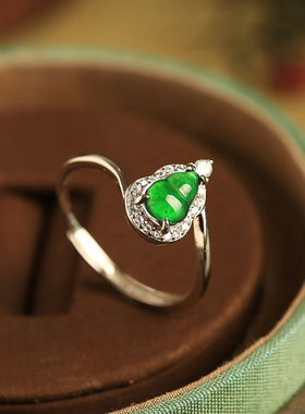 小银匠天然翡翠纯银镶钻葫芦戒指