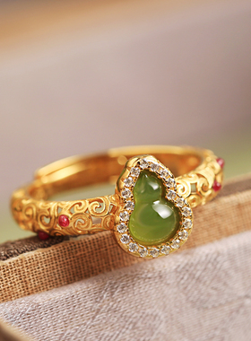 小银匠天然和田碧玉纯银葫芦戒指