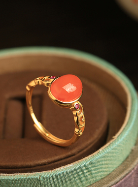 水料高级天然南红纯银蛋面戒指