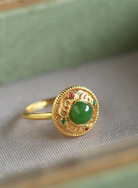 小银匠天然和田玉碧玉开口银戒指