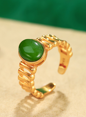 小银匠天然碧玉蛋面纯银开口戒指