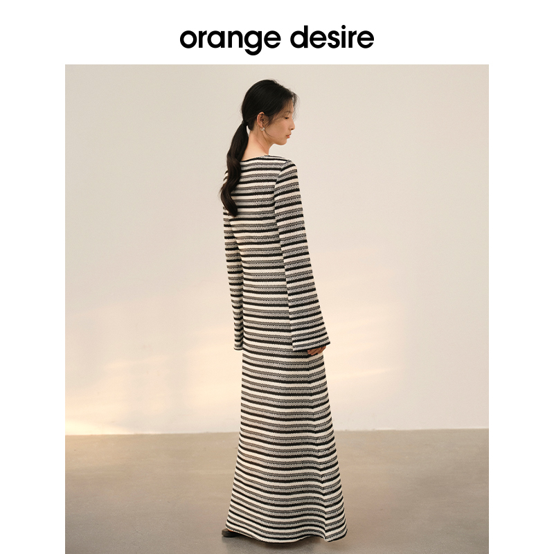 【限时直降】orange desire优雅条纹镂空长袖连衣裙女2024春新款 - 图3