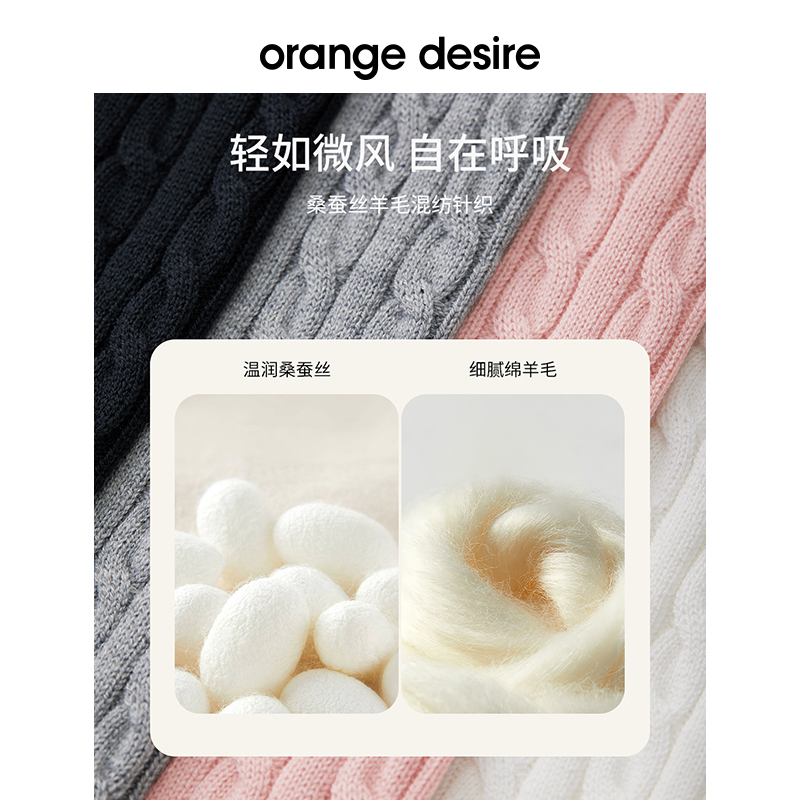 orange desire蚕丝羊毛混纺立体绞花短袖女2024夏新款圆领针织衫 - 图1