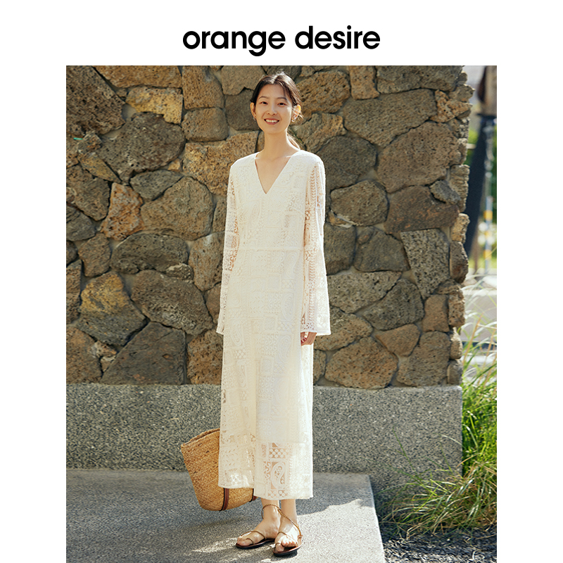 orange desire波西米亚风蕾丝连衣裙女2024春新款喇叭袖温柔长裙