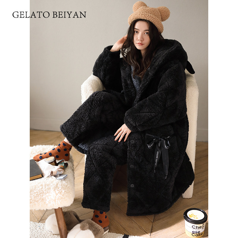 贝妍冬季夹棉袄加绒长款珊瑚绒睡袍 贝妍睡衣/家居服套装