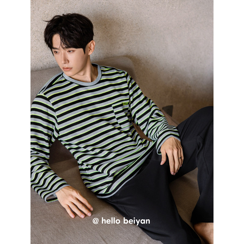 贝妍情侣睡衣女春秋新款撞色条纹宽松睡裙柔软棉长袖男家居服套装,淘宝优惠券,粉丝福利购,淘宝优惠卷