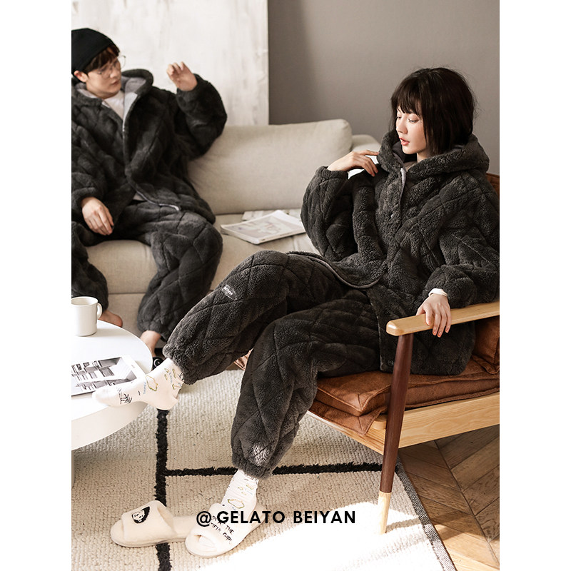 贝妍冬季保暖棉袄情侣连帽三层睡衣 贝妍睡衣/家居服套装
