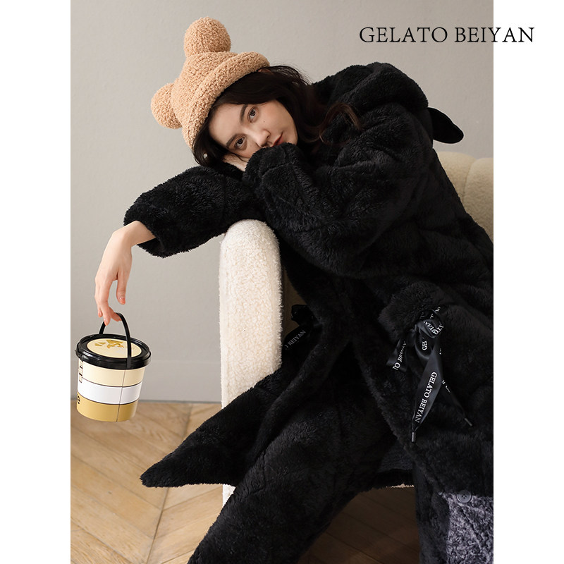 贝妍冬季夹棉袄加绒长款珊瑚绒睡袍 贝妍睡衣/家居服套装