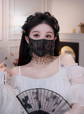 韩版新款链条流苏口罩女面纱黑色百搭遮阳面罩刺绣蕾丝透气面纱