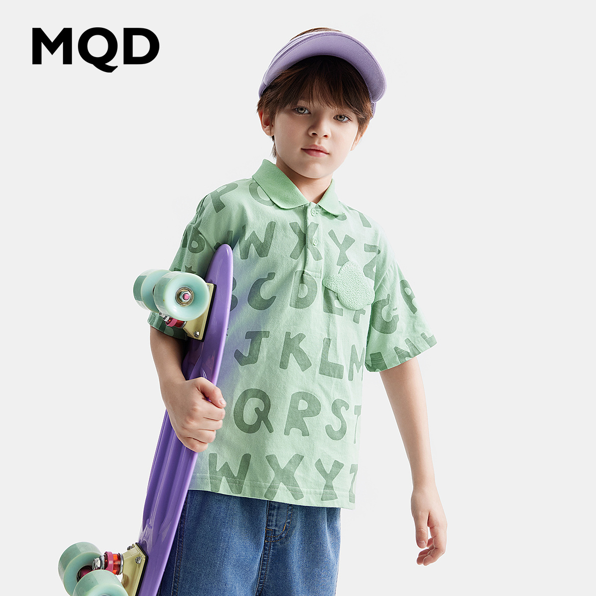 MQD男童夏季POLO儿童洋气T恤宽松落肩韩版潮酷印花翻领全棉短袖 - 图0