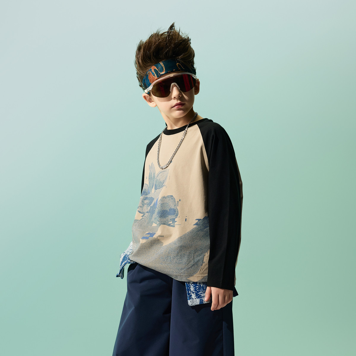 【国潮系列】MQD童装儿童打底衫仿牛仔插肩袖2025春季新款男童t恤,淘宝优惠券,粉丝福利购,淘宝优惠卷