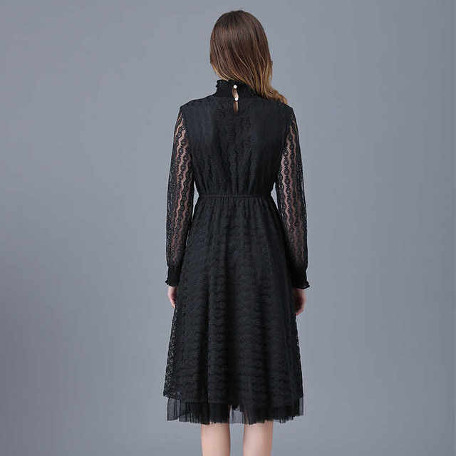 French high-end black long-sleeved turtleneck dress
