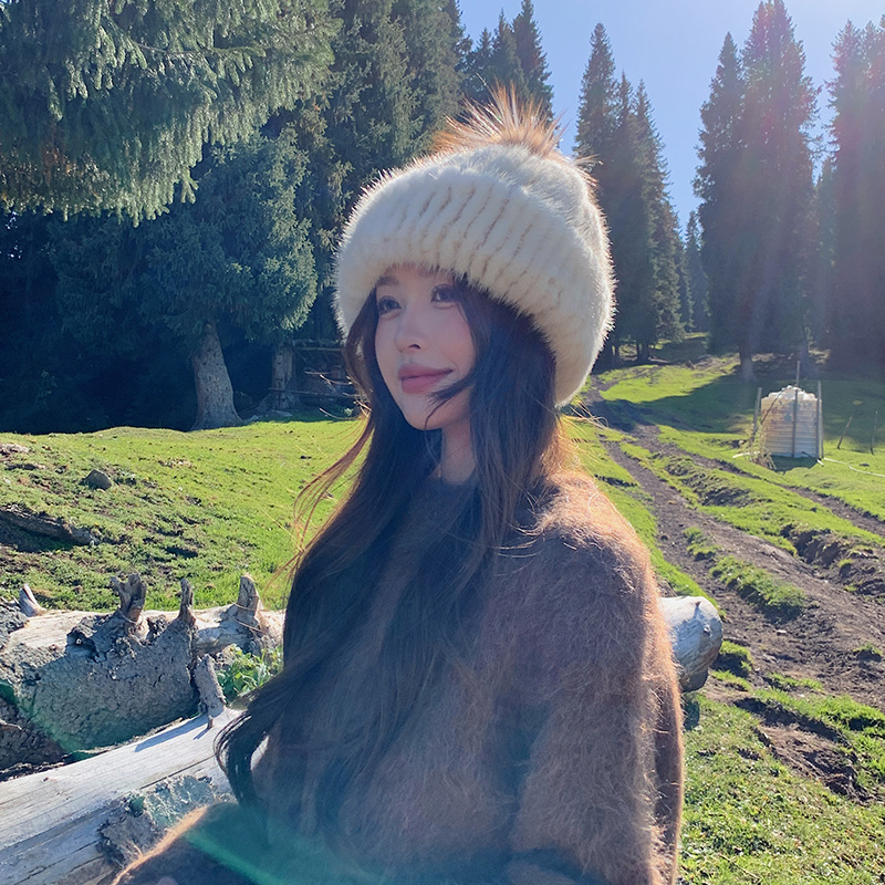 韩国女士冬季皮草帽子水貂毛休闲编织弹力甜美女帽狐狸毛球贝雷帽 - 图2