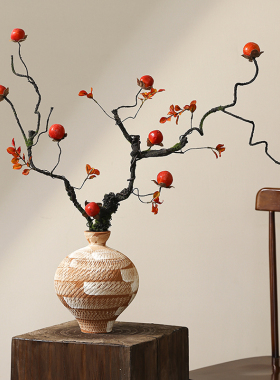 柿柿如意仿真花艺柿子水石榕绿植树日式插花枯枝造景酒店茶室摆件