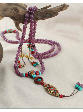 新中式紫色珠串长款可斜跨项链