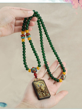 唐卡檀木平安牌绿色玻璃珠毛衣链