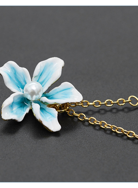 珐琅彩釉蓝色渐变百合花锁骨链