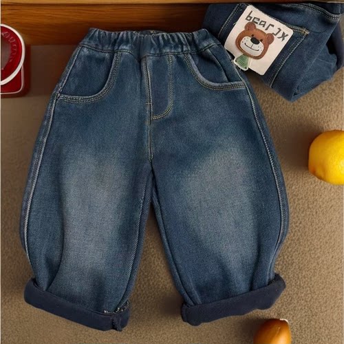 儿童弹力加绒牛仔裤2025冬季休闲裤男女童冬装保暖加厚一体绒裤子 - 图2