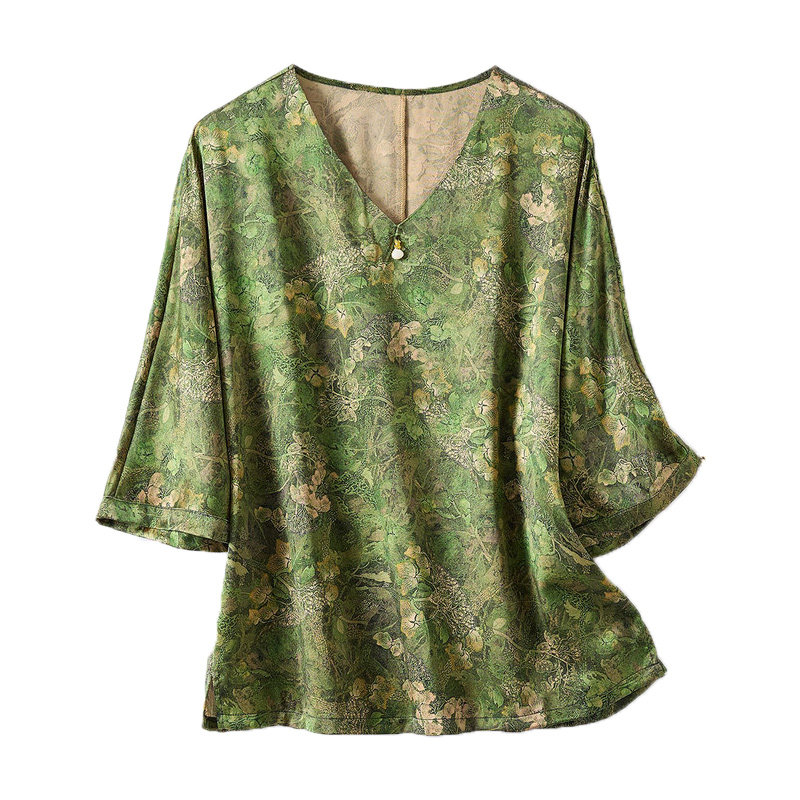 金菊19姆米弹力缎2025妈妈装V领国风套头宽松透气上衣女式T恤,淘宝优惠券,粉丝福利购,淘宝优惠卷