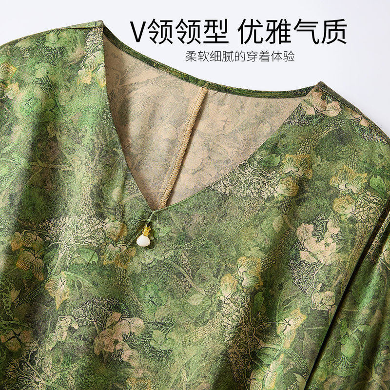 金菊19姆米弹力缎2025妈妈装V领国风套头宽松透气上衣女式T恤,淘宝优惠券,粉丝福利购,淘宝优惠卷