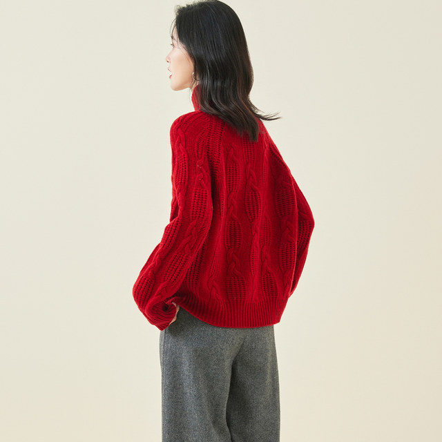 Jinju 100% sheep wool autumn and winter solid color turtleneck long sleeve lazy style twist women's cardigan