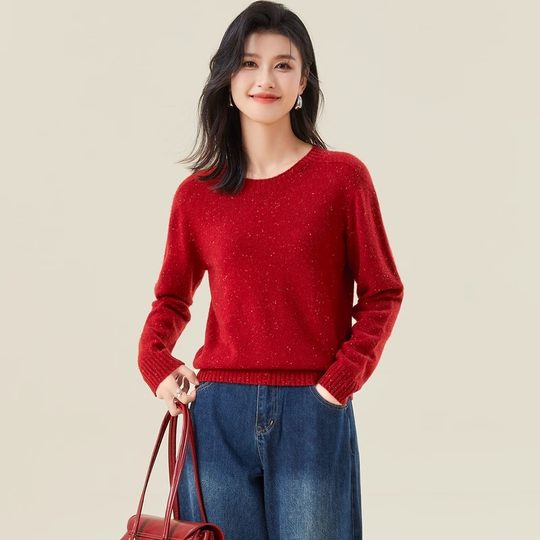 金菊【无缝点子纱】加厚女式羊毛衫2025秋冬新款圆领休闲保暖毛衣