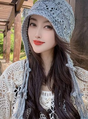 时髦精花朵镂空套头帽子女夏季民族风手工针织洋气时尚编织包头帽