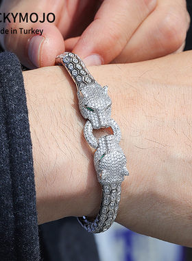 S925纯银双头猎豹手链豹头银手镯