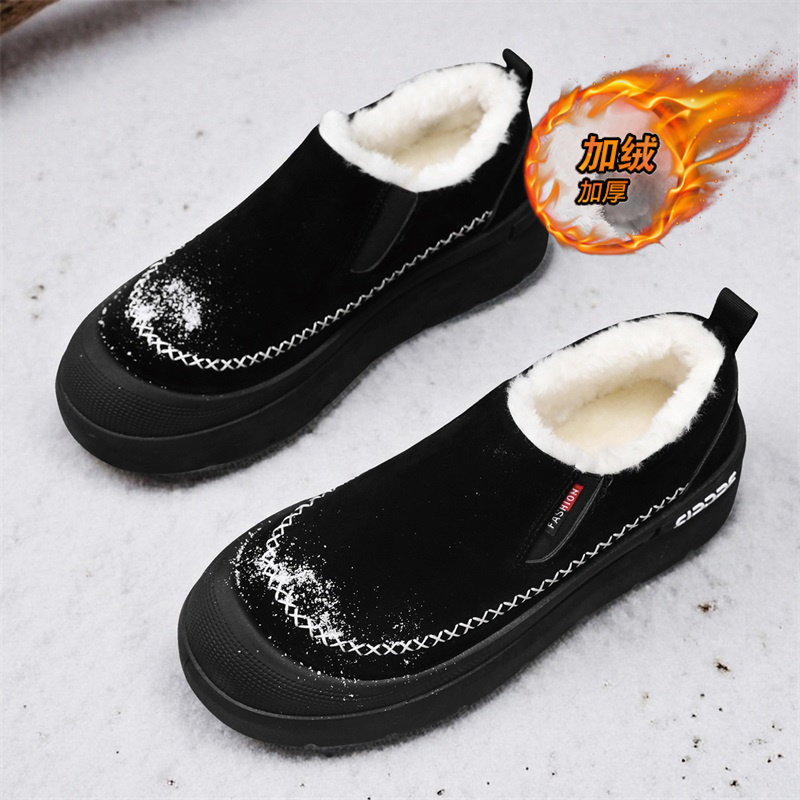 一脚蹬棉鞋男士冬季加绒保暖厚底棉靴2025新款皮毛一体防寒雪地靴 - 图0