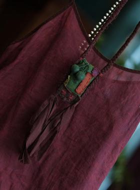 复古风布艺手绣荷包毛衣链