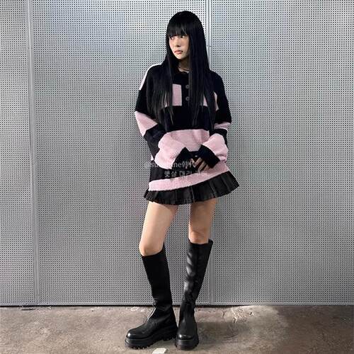 韩代潮牌LARTIGENT条纹针织衫复古撞色polo领减龄宽松套头毛衣女 - 图1