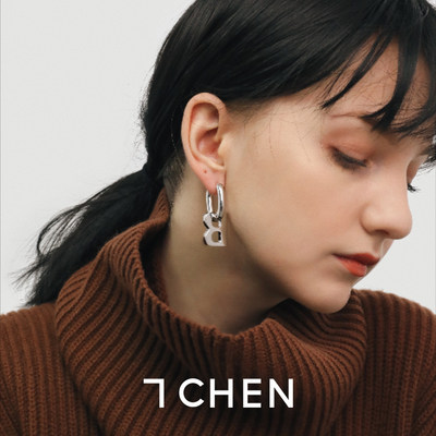 7chen英文字母b耳环金色可拆卸法式气质简约设计不对称两带耳饰 虎窝淘