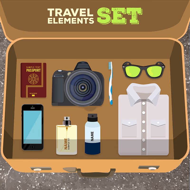 扁平化旅游旅行装备护照地图行李箱整理出游必备物品清单矢量素材