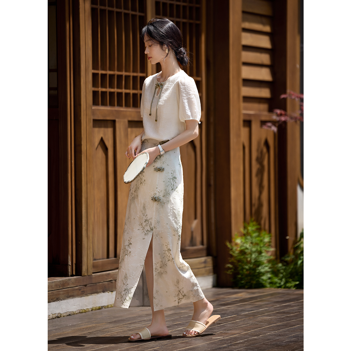XWI/欣未新中式国风套装女夏季优雅显瘦减龄小衫印花半身裙两件套 - 图3