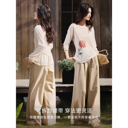 XWI欣未含亚麻莱赛尔呼吸感松弛套装女春季休闲通勤穿搭一整套 - 图1