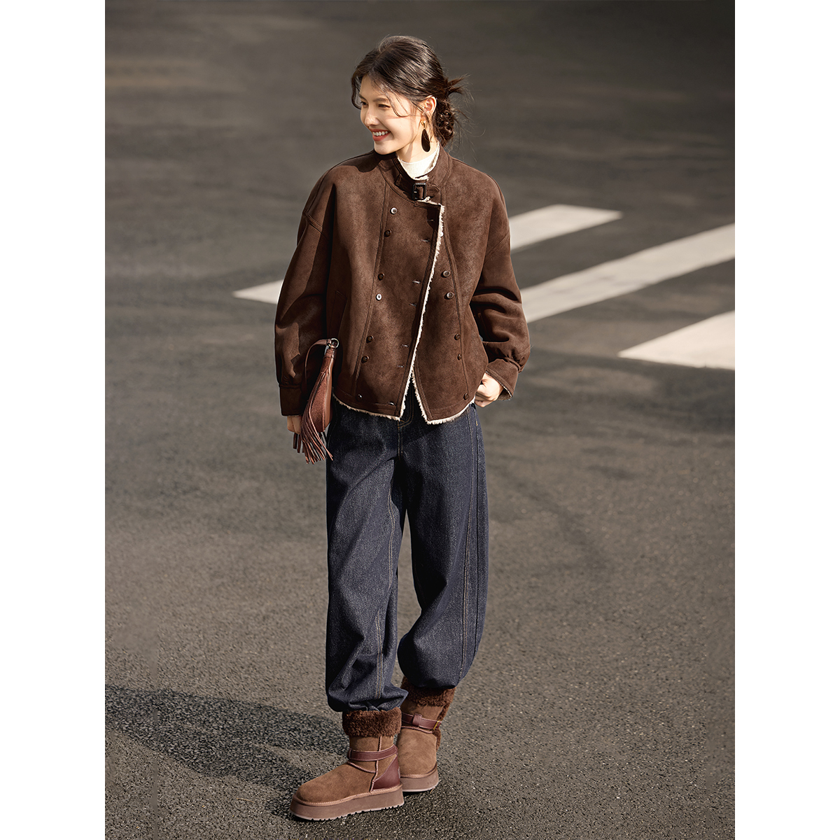 XWI欣未复古休闲风麂皮绒外套女冬季酷飒加绒加厚短款夹克上衣 - 图1