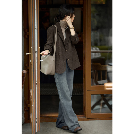 XWI欣未复古英伦刺绣西装外套女2025年秋冬优雅大方得体西服上衣