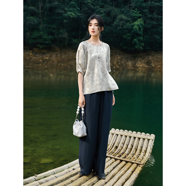 XWI Xinwei 100% Acetate Fiber Old Money Style Casual Pants Women's 2026 Summer High Waist Covering Hips Slim Straight Leg Wide Leg Pants
