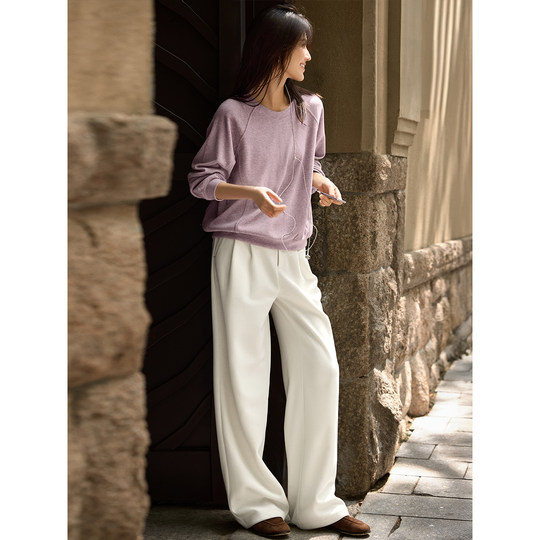 XWI欣未优雅圆领纯色肌理感卫衣女2025秋季宽松休闲百搭显瘦上衣