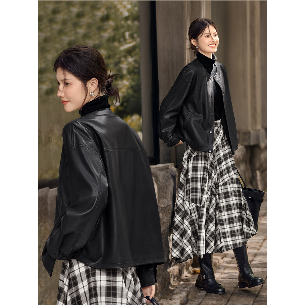 XWI欣未复古美拉德咖色皮衣外套女秋季新款PU酷飒气质短款皮夹克 - 图1