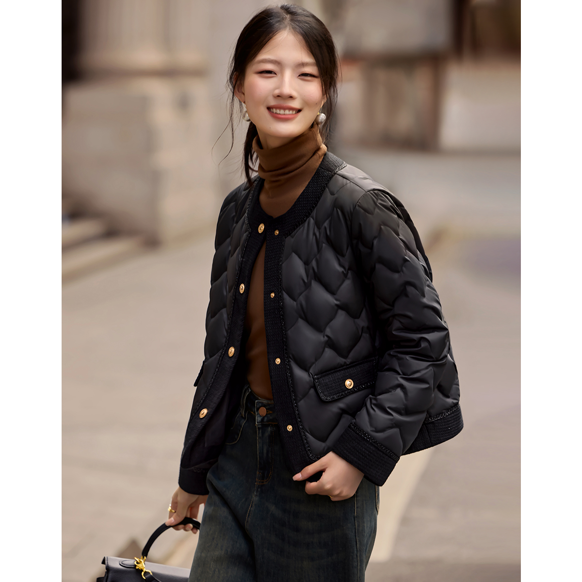 XWI欣未90白鸭绒小香风薄款羽绒服女2025冬季拼接设计感短款外套 - 图1