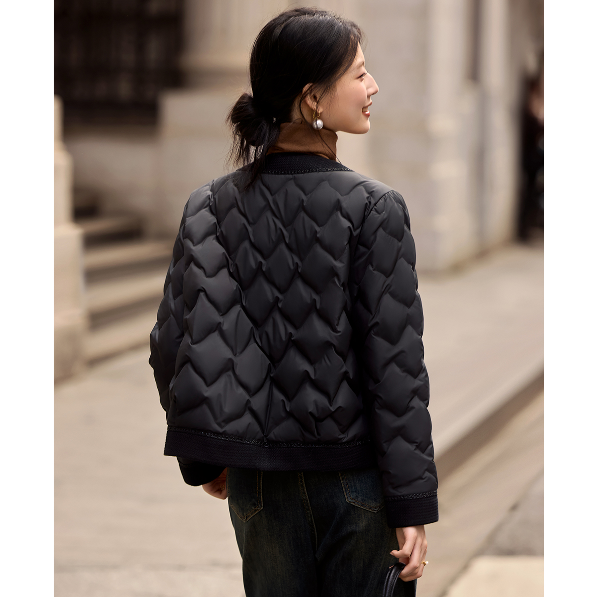 XWI欣未90白鸭绒小香风薄款羽绒服女2025冬季拼接设计感短款外套 - 图0