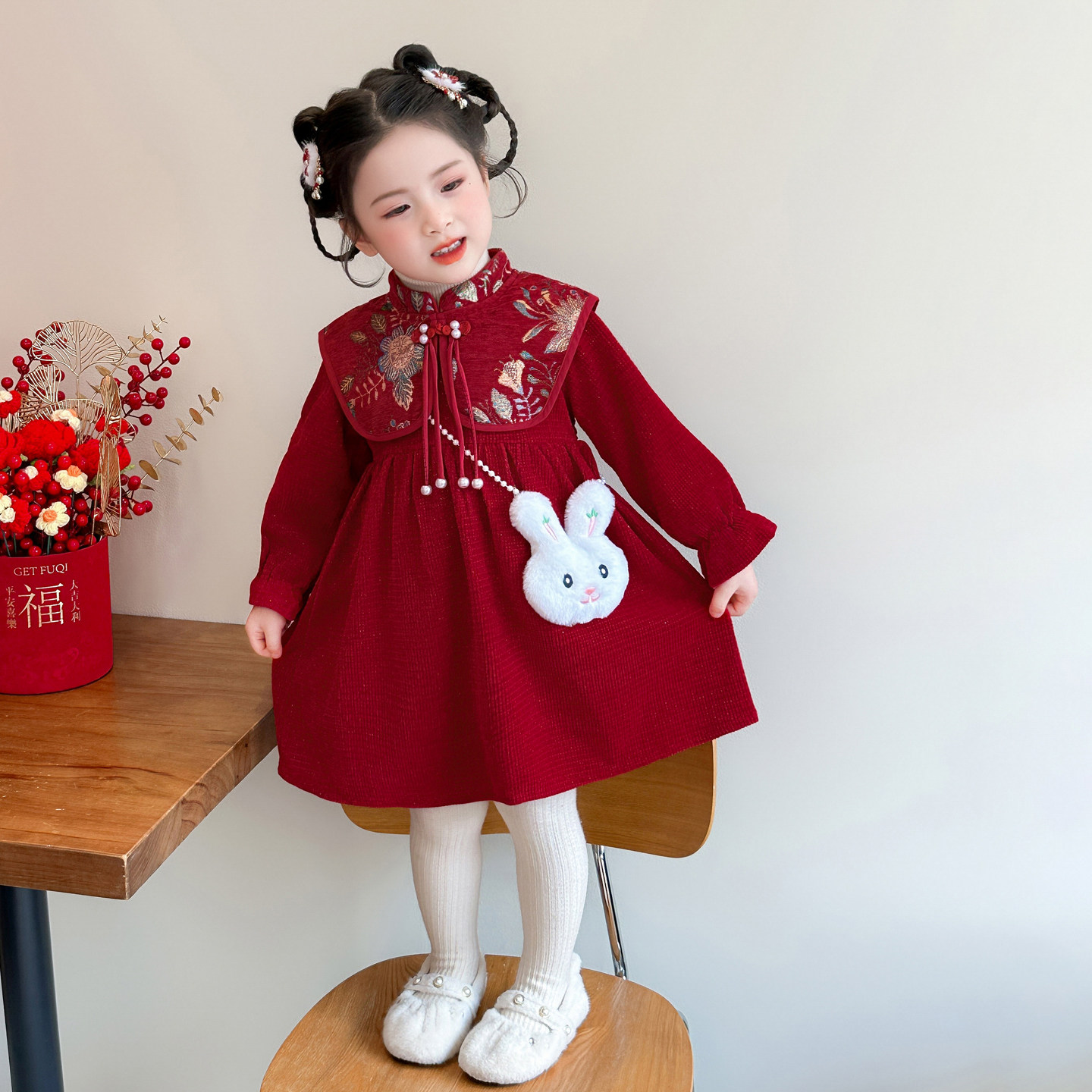 女童国风连衣裙红色秋冬装儿童拜年服过年衣服兔包新年女宝宝裙子,淘宝优惠券,粉丝福利购,淘宝优惠卷