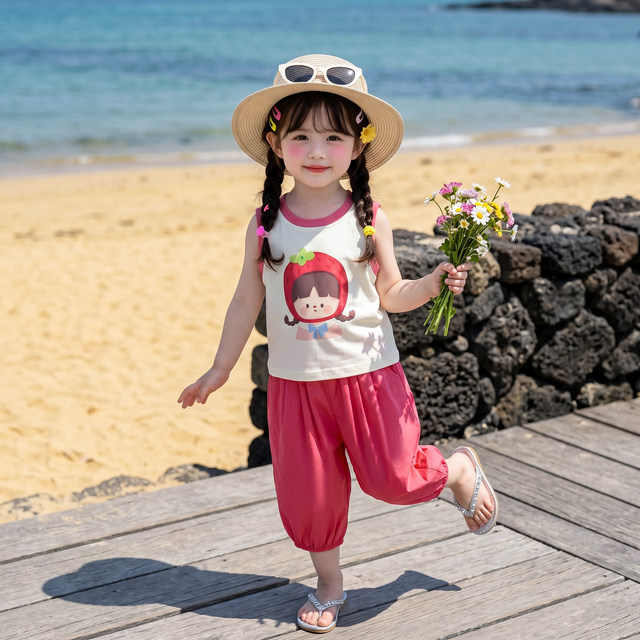 Girls Summer Cartoon Vest and Bloomers ສອງສິ້ນ