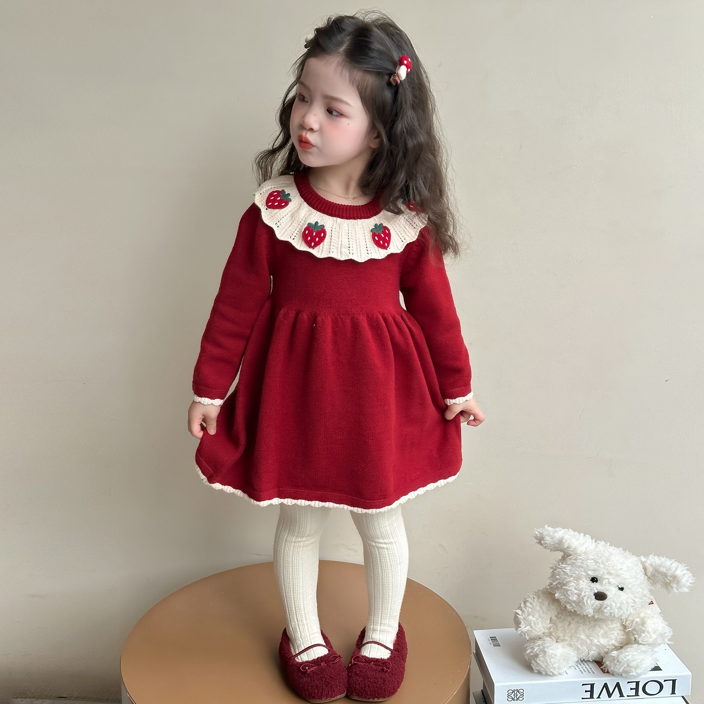 女童针织连衣裙秋冬季2025新款儿童红色女宝宝草莓毛衣裙子拜年服,淘宝优惠券,粉丝福利购,淘宝优惠卷