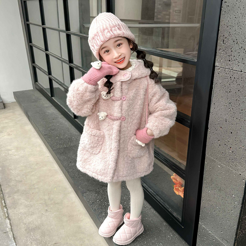 女童加厚外套深秋冬季2025新款儿童装洋气熊头女宝宝羊羔绒初冬装 - 图2